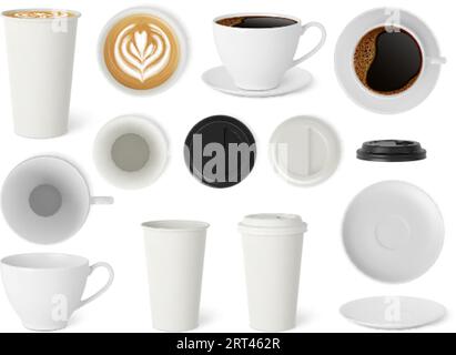 Set da caffè realistico. Tazza 3d per espresso e tazza di carta da asporto americana. Cappuccino isolato, piastra bianca e coperchi in plastica, pithy mockup vettoriale Illustrazione Vettoriale