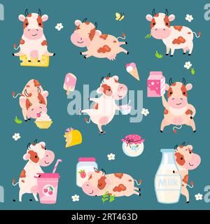 Prodotti lattiero-caseari. La mucca abbraccia bottiglia di latte, frullato di latte e yogurt, formaggio e gelato. Cartoni animati divertenti mucche in varie pose personaggi vettoriali Illustrazione Vettoriale