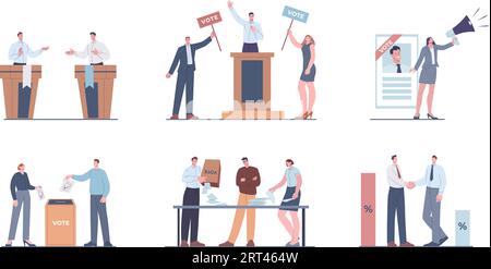 Personaggi elettorali, leader politico e supporto. Voto democratico, candidato e persona politica. Campagna di agitazione e set vettoriale di dibattito Illustrazione Vettoriale