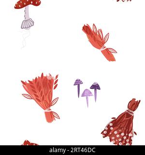 Modello senza cuciture. Pozioni a base di erbe essiccate, fiori secchi, agarici di mosca e toadstool viola. Carta da imballaggio per Halloween. Decorazioni autunnali. Acqua Foto Stock