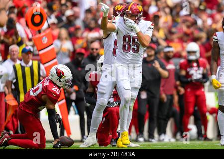 Landover, MD, USA. 10 settembre 2023. Il tight end dei Washington Commanders Cole Turner (85) reagisce durante la partita della NFL tra gli Arizona Cardinals e i Washington Commanders a Landover, MD. Reggie Hildred/CSM (immagine di credito: © Reggie Hildred/Cal Sport Media). Credito: csm/Alamy Live News Foto Stock