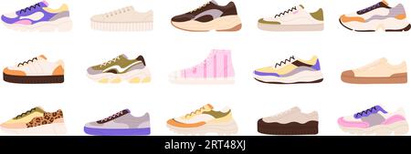 Sneakers, scarpe sportive per adolescenti. Calzature alla moda per attività ricreative e sportive. Sneaker maschio comfort, confortevole in coppia con abbigliamento sportivo vettoriale Illustrazione Vettoriale