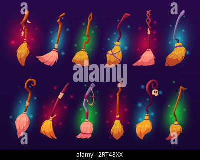 Spazzatura da strega. Scopa per cartoni animati, scopa magica per streghe o maghi. Accessori per costumi di Halloween, vecchi elementi magici e set vettoriale Illustrazione Vettoriale