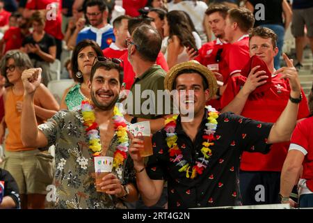 Bordeaux, Francia. 10 settembre 2023. BORDEAUX, FRANCIA - 10 SETTEMBRE: Tifosi e tifosi durante la partita di Coppa del mondo di rugby Francia 2023 tra Galles e Figi allo Stade de Bordeaux il 10 settembre 2023 a Bordeaux, Francia. (Foto di Hans van der Valk/Orange Pictures) credito: Orange Pics BV/Alamy Live News Foto Stock