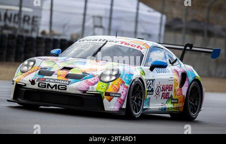 09 settembre 2023 Monterey, CA, U.S.A. driver Kyle Washington entrando nella curva 4 durante il Firestone Grand Prix di Monterey Porsche Sprint Challenge gara 2 USA West al WeatherTech Raceway Laguna Seca Monterey, CA Thurman James/CSM Foto Stock