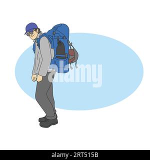 uomo a tutta lunghezza con zaino su spazio copia blu illustrazione vettoriale disegnato a mano isolato su sfondo bianco Illustrazione Vettoriale