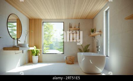 Bagno con interni moderni e vasca, rendering 3d. Foto Stock