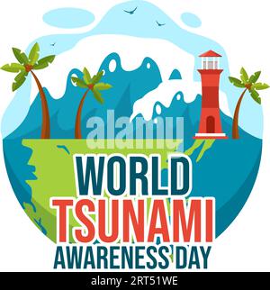 Illustrazione vettoriale del World Tsunami Awareness Day il 5 novembre con le onde che colpiscono case e costruiscono il paesaggio in modelli di sfondo Flat Cartoon Illustrazione Vettoriale