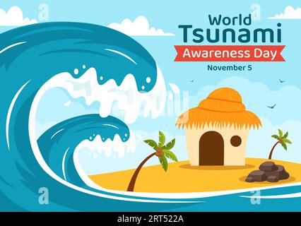 Illustrazione vettoriale del World Tsunami Awareness Day il 5 novembre con le onde che colpiscono case e costruiscono il paesaggio in modelli di sfondo Flat Cartoon Illustrazione Vettoriale