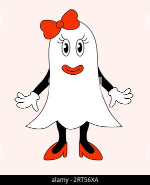 Retro Groovy Halloween Ghost Girl. Piatto vettore. Illustrazione Vettoriale