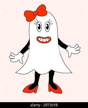 Rétro Groovy Halloween Ghost, simpatica ragazza sorridente. Piatto vettore. Illustrazione Vettoriale