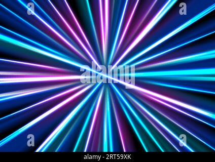 Raggi tecnologici brillanti al neon blu-viola. Design vettoriale di strisce astratte lisce travi. Sfondo futuristico Illustrazione Vettoriale