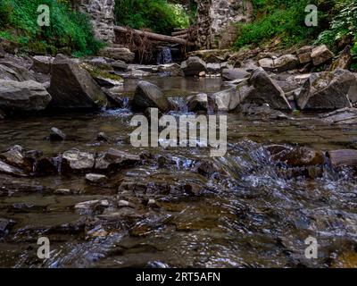 Piccolo fiume che scorre rapidamente e vividamente attraverso la sua valle rocciosa selvaggia Foto Stock