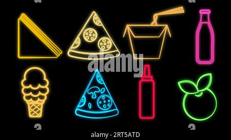 Set al neon luminoso e multicolore di otto icone di piatti deliziosi e spuntini per il bar-caffetteria del ristorante: Sandwich, pizza, spaghetti, bibite gassate, ghiaccio Illustrazione Vettoriale