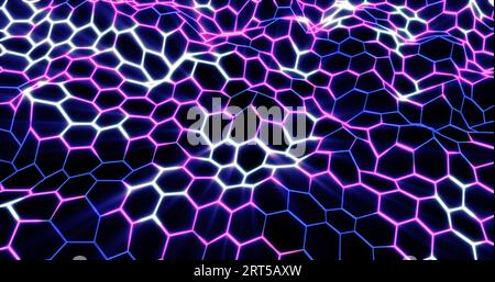 sfondo astratto da ondate di esagoni da strisce e linee di luce viola, splendida energia magica e brillante al neon. Sfondo astratto. Schermi Foto Stock