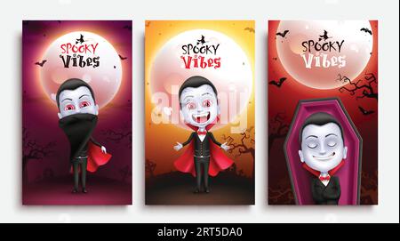 Halloween vibra il design del set vettoriale di testo. Collezione di personaggi dracula di Halloween nel cimitero notturno del cimitero di luna piena per cartolina della festa. Illustrazione Vettoriale