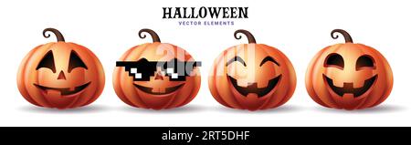 Set di zucche di Halloween con design vettoriale arancione. Elementi di zucca di Halloween con espressione del viso felice, divertente e carina isolati su sfondo bianco. Vettore Illustrazione Vettoriale