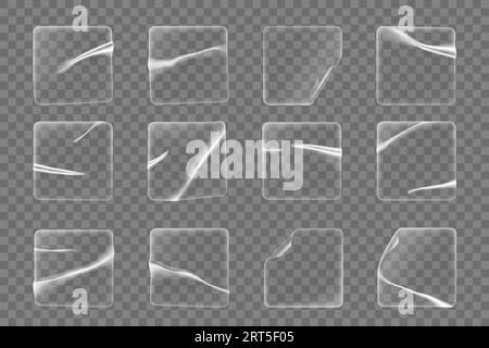 Adesivi in plastica quadrata trasparente, patch adesive mockup 3D. Adesivi vettoriali realistici, etichette in pellicola di pvc trasparente o patch isolati con angoli arrotondati, pieghe, grinze e deformi Illustrazione Vettoriale