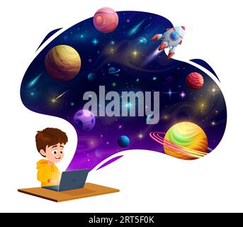 Bambino con un notebook che sogna il volo della galassia e la scoperta dello spazio, l'universo, i pianeti, il razzo, le stelle e gli asteroidi su sfondo stellato. Istruzione e tecnologie informatiche Illustrazione Vettoriale