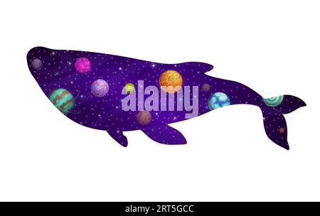 Sagoma delle balene e spazio galattico con stelle e pianeti sullo sfondo vettoriale del paesaggio stellato. Animale a doppia esposizione di balena blu con spazio fantasy cartoni animati, pianeti galattici alieni e nebulose Illustrazione Vettoriale