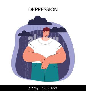 Disturbi mentali, depressione. Infelice malsano depresso uomo triste che pensa ai problemi. Illustrazione Vettoriale