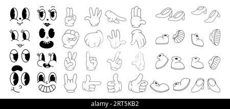 Set di visi, piedi e mani in stile cartoni animati retrò alla moda anni '70. Mascotte tradizionale piede, braccio, emozioni. Illustrazione isolata. Illustrazione Vettoriale