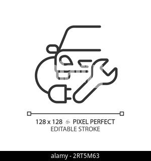 Icona di ricarica per auto elettriche nere con linea sottile personalizzabile in 2D. Illustrazione Vettoriale