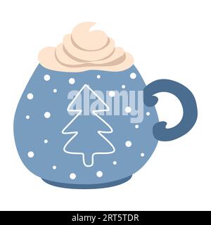 Tazza di cioccolata calda con panna montata, in una tazza blu con fiocchi di neve e albero di Natale. Cartoonillustration vettoriale piatta isolata su un bianco. Templa Illustrazione Vettoriale