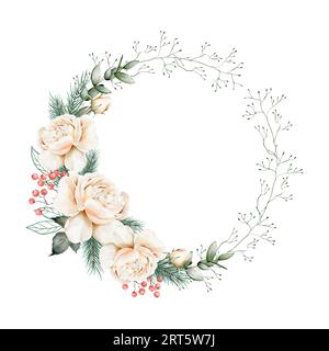 Acquerello e corona grafica di fiori di Natale, rami di conifere, eucalipto e frutti di bosco. Perfetto per cartoline, saluti, confezioni, regali Foto Stock
