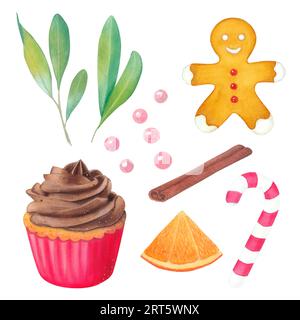 Cupcake alla vaniglia con crema al cioccolato. Gingerbread man, canna da zucchero, arancia, cannella, anice stellato, ciuffo di pistacchio. Muffin in un pacchetto rosso. Acquerello Foto Stock