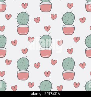 Cactus disegnati a mano e pattern a cuore senza cuciture. Sfondo carino con stile cactus doodle. Divertente stampa di piante da interni per tessuti, carta da parati, confezione Illustrazione Vettoriale