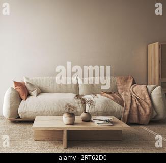 Salotto boho beige con pianta secca su fondo vaso. Interni leggeri e moderni di natura giapponese. rendering 3d. Illustrazione 3d di alta qualità Foto Stock
