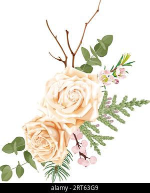 Decorazioni natalizie con abete rosso, rosa, abete, bacche. L'aroma dei bouquet. Illustrazione Vettoriale