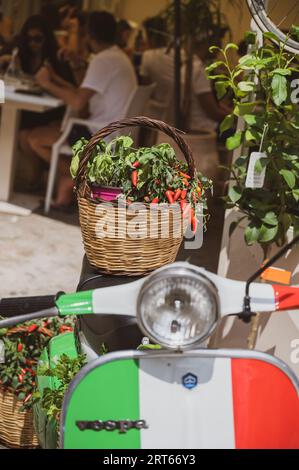 Una Vespa Piaggio con un cesto di peperoncini in mostra a Tropea, Calabria Foto Stock