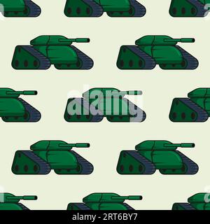 Modello senza cuciture con carro armato da combattimento Army con colorazione verde e canna lunga. Ornamento per decorazione e stampa su tessuto e carta da imballaggio. D Illustrazione Vettoriale