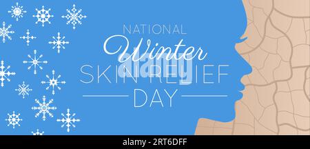 Illustrazione di sfondo del National Winter Skin Relief Day con fiocchi di neve e viso femminile Illustrazione Vettoriale