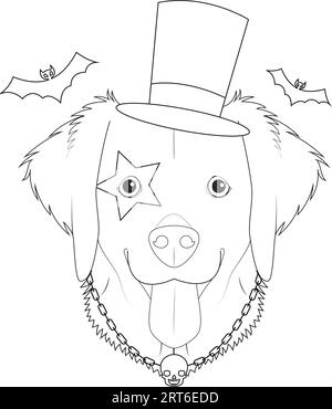 Biglietto d'auguri di Halloween da colorare. Cane Golden Retriever con cappello, collana con catena e teschio e tatuaggio oculare Illustrazione Vettoriale