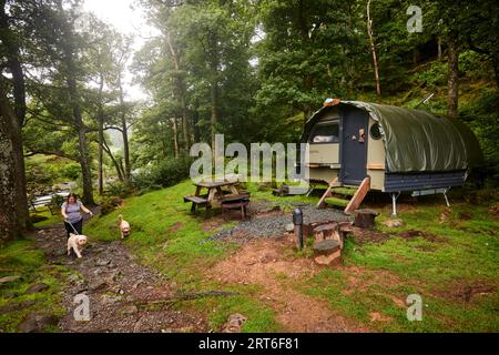 Baccelli moderni nelle gorounds del Lake District YHA Borrowdale a Longthwaite, Keswick Foto Stock