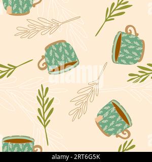 Modello vintage senza cuciture per caffè. Tazza di caffè caldo in stile retrò su sfondo chiaro. Ripetere l'illustrazione vettoriale per caffè, caffetteria, ristorante, me Illustrazione Vettoriale