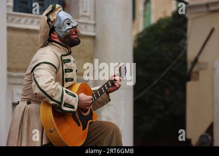 Musiker, Gitarre, Karneval Venedig, Venedig Karneval, Beauty, Carnevale di Venezia, Masken in Venedig, Venedig Mann, Masken, Foto Stock