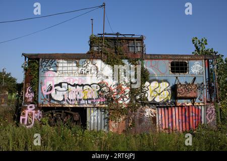 Un vecchio edificio intemprato sorge in un lussureggiante campo verde, adornato da una variopinta gamma di graffiti Foto Stock