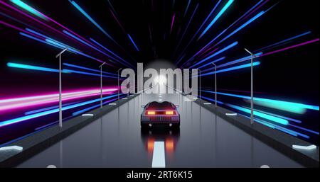 Composito di auto che attraversano tunnel con sentieri chiari su sfondo scuro Foto Stock