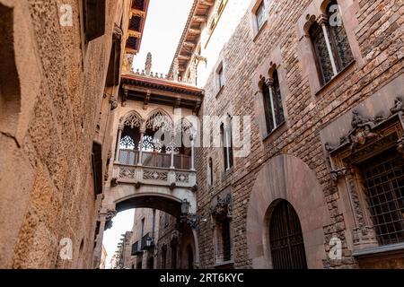 Il quartiere gotico di Barcellona, El Pont del Bisbe, fu costruito per l'esposizione internazionale di Barcellona del 1929, in Catalogna, Spagna. Foto Stock