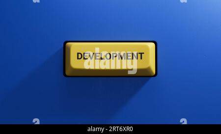 Sviluppo.illustrazione 3D del pulsante della tastiera di un computer moderno.pulsante giallo chiaro.rendering 3D su sfondo blu. Foto Stock