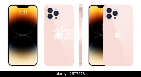 Nuovo iPhone 15 pro, Pro max colore rosa intenso di Apple Inc iphone con schermo mock-up e iphone sul retro. Alta qualità. Editoriale. Illustrazione Vettoriale