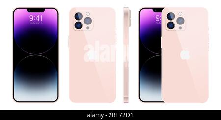 Nuovo iPhone 15 pro, Pro max colore rosa intenso di Apple Inc iphone con schermo mock-up e iphone sul retro. Alta qualità. Editoriale. Illustrazione Vettoriale