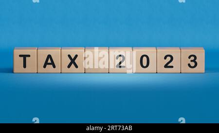 Tassa 2023. I cubi formano la parola Tax 2023. Concetto di Business Tax 2023. Paga le tasse in 2023 anni.rendering 3D su sfondo blu. Foto Stock