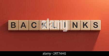 Backlink - testo concettuale con cubi di legno.rendering 3D su sfondo rosso. Foto Stock