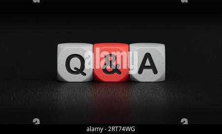 Simbolo per domande e risposte. Cubi con le lettere "Q & A".rendering 3D su sfondo nero. Foto Stock