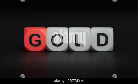 Dadi e una moneta Krugerrand formano la parola "GOLD".rendering 3D su sfondo nero. Foto Stock